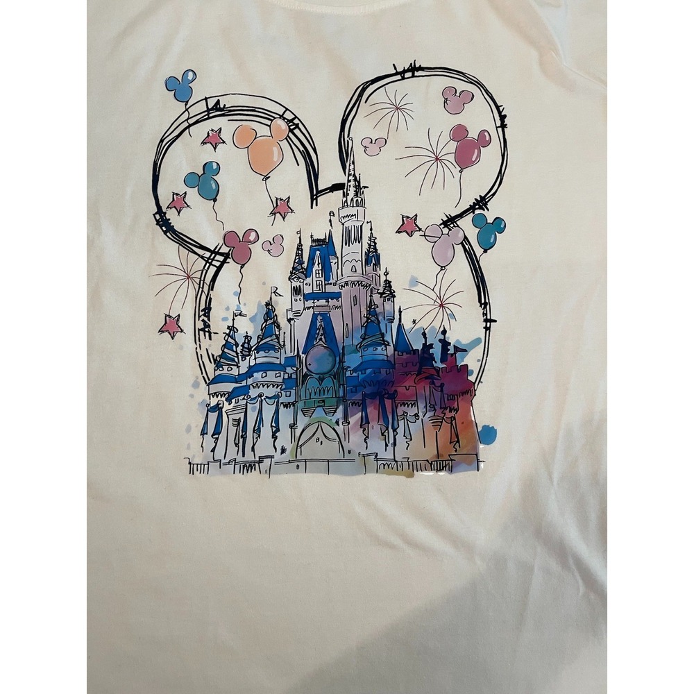 Disney Castle Watercolor T Shirt XL Women Boutique Sketch Mickey Balloons